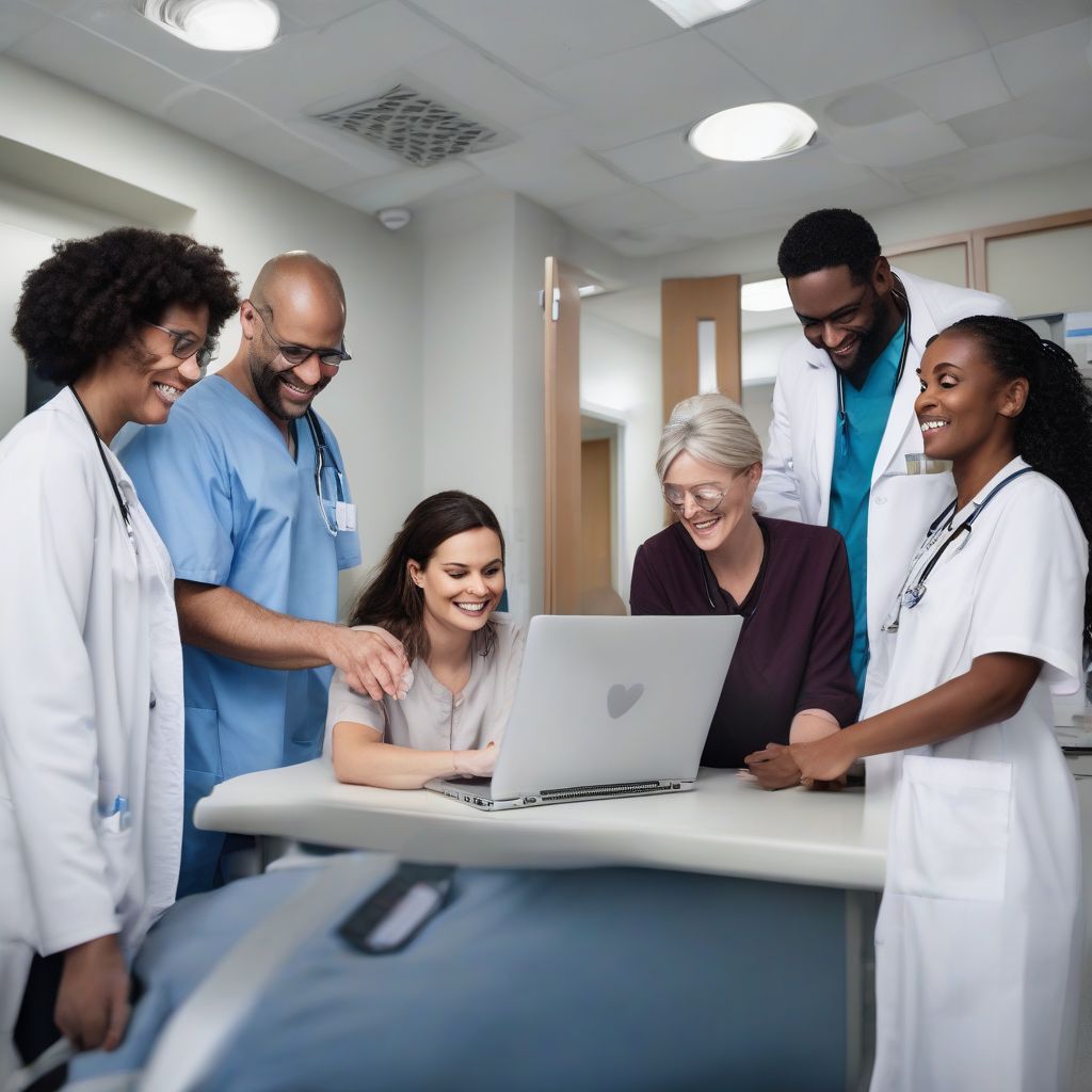 Group of healthcare professionals collaborating around a computer in a hospital setting.