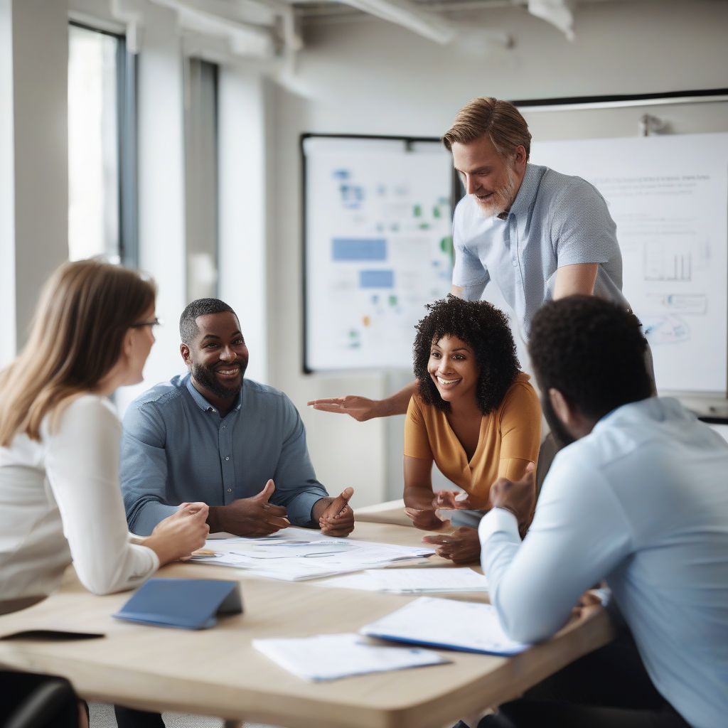 Business meeting with employees discussing group health insurance plans